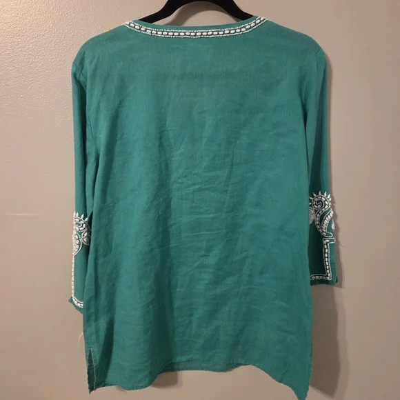 Chico’s Womans Green Linen Blend Beaded Tunic Top. Sz 1/M Resortwear Coastal - Picture 3 of 9